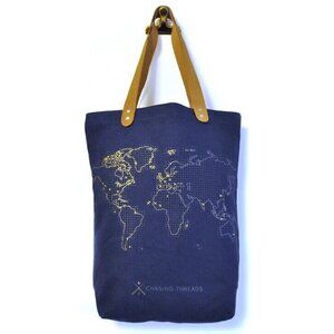 CHASING THREADS Stitch Double Handle Tote Bag, Cotton + Leather, Navy